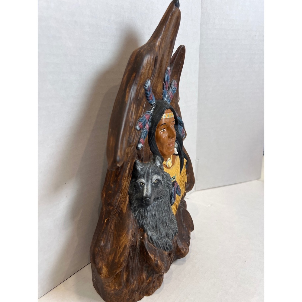 Native American Chief and Wolf Resin Sculpture Howling‎ Wolf Faux Wood Figurine - Picture 3 of 10